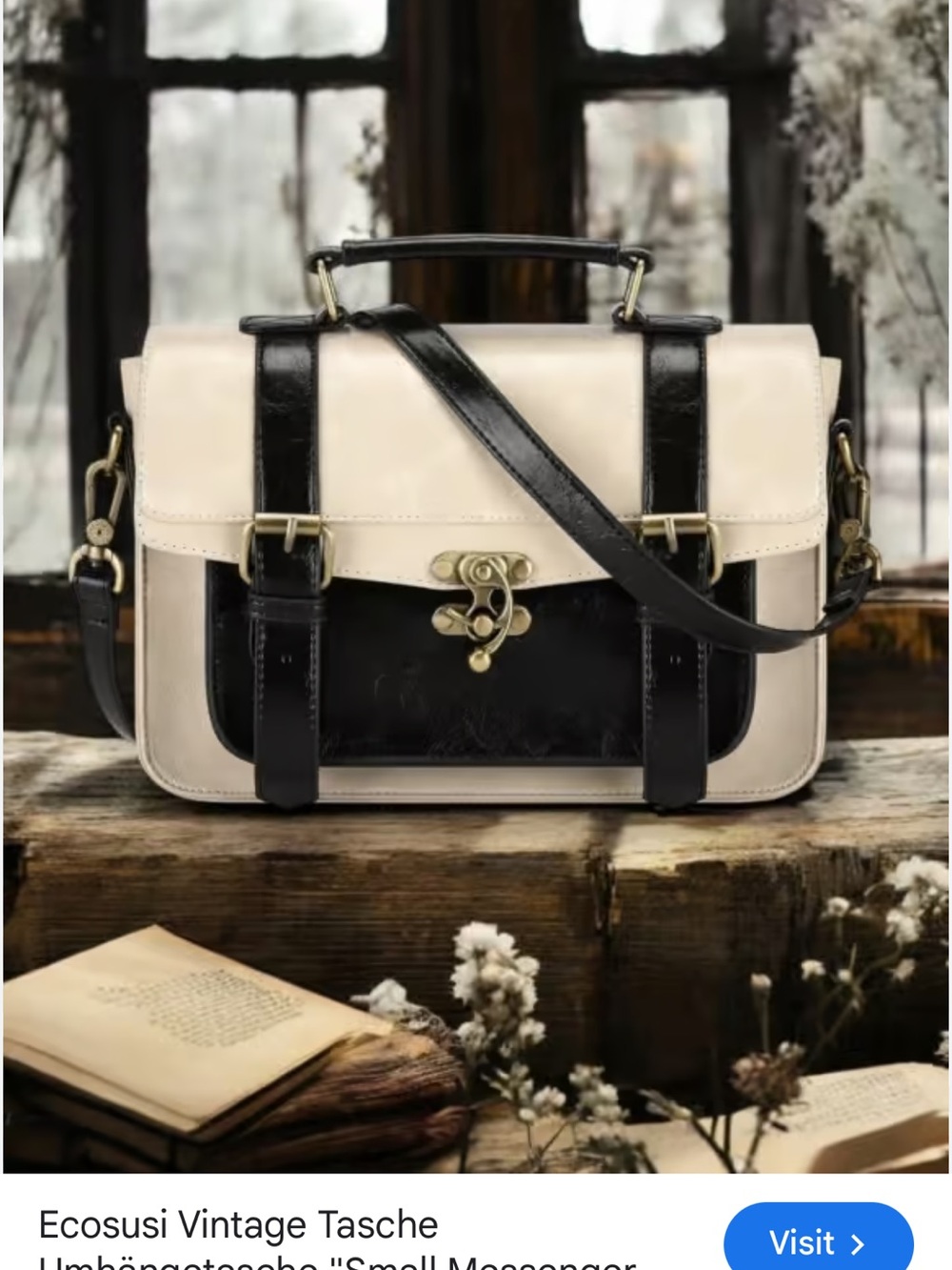 Ecosusi Cream and Black Two-Tone Vintage Satchel